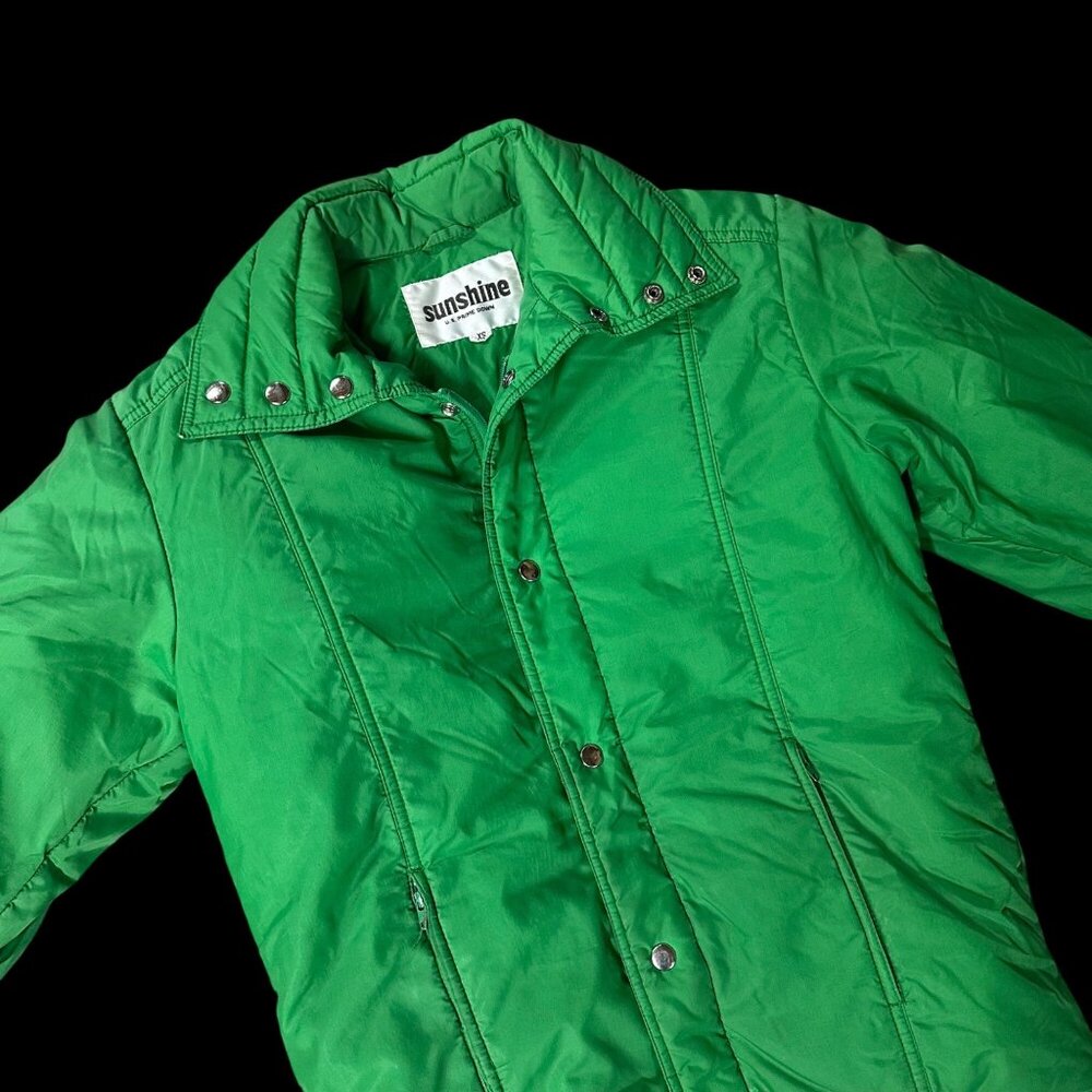 Vintage Green Puffer Coat Down Jacket 1970s Sunshine Tarp Unisex Taiwan X-Small